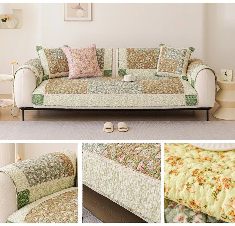 100% Cotton Quilted Sofa Cover – Anti-Slip Patchwork Floral Slipcover