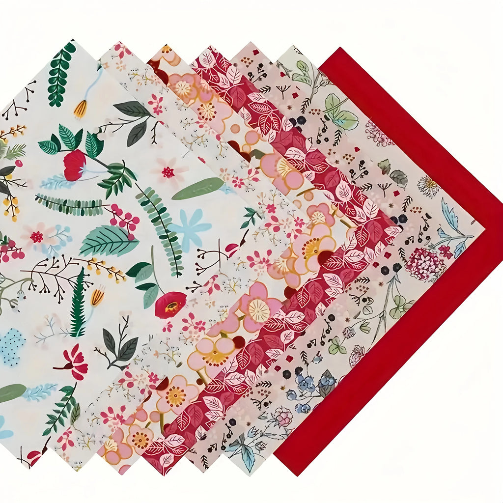 7-Piece Red Floral Cotton Patchwork Fabric Bundle