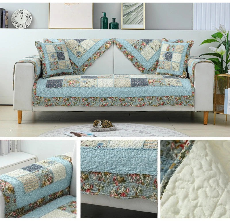100% Cotton Quilted Sofa Cover – Anti-Slip Patchwork Floral Slipcover