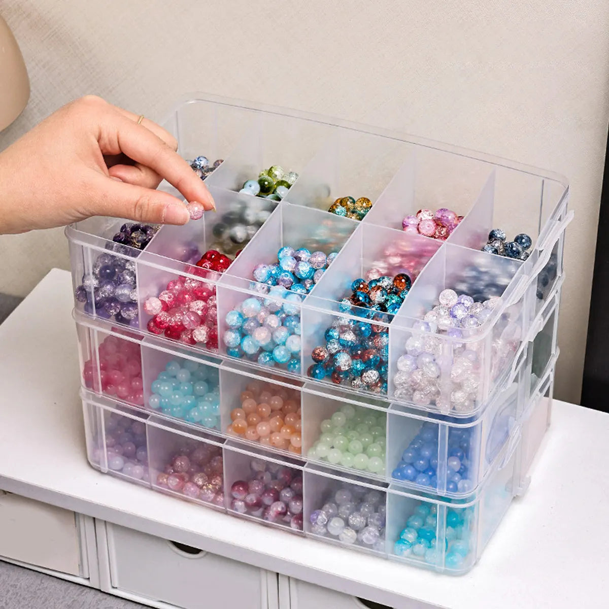 HOMEFISH 3-Layer Transparent Storage Box Stackable Storage Box Portable Craft Bead Plastic Box Jewelry Storage Box Storage Tray