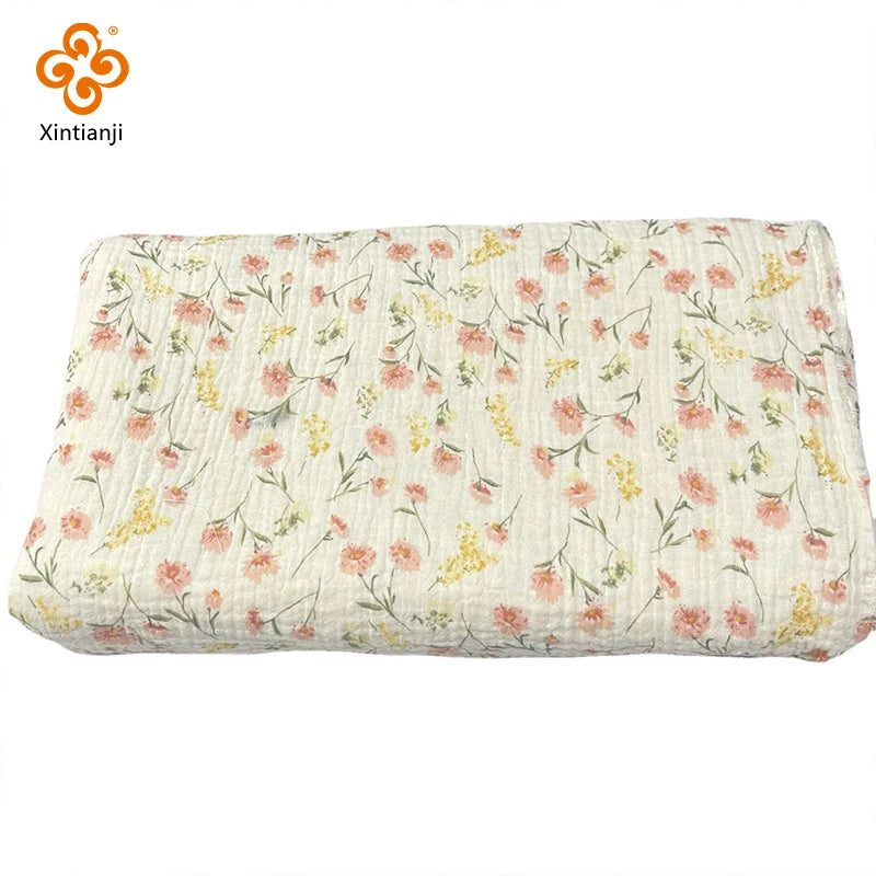 135 x 50cm Pink Flower Crepe Cotton Double-Layer Gauze Fabric, Making Soft Baby Clothes Fabric DIY Clothing Towel