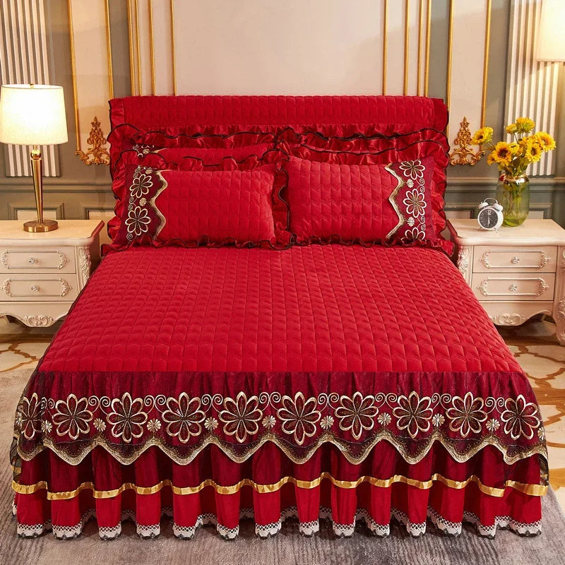 Luxury Crystal Velvet Quilted Bedspread – King & Queen Flannel Bed Skirt