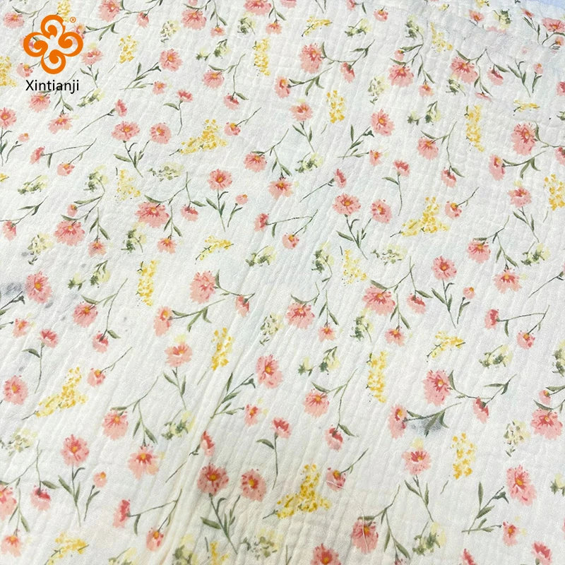 135 x 50cm Pink Flower Crepe Cotton Double-Layer Gauze Fabric, Making Soft Baby Clothes Fabric DIY Clothing Towel
