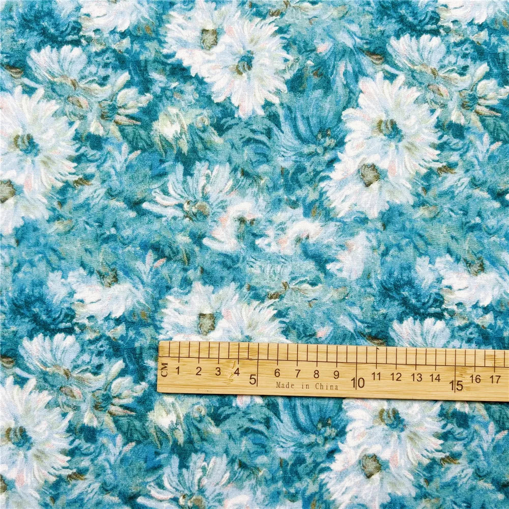Watercolor Floral Print Cotton Fabric – Retro Oil Painting Style, 180 g/m, 110 cm Wide