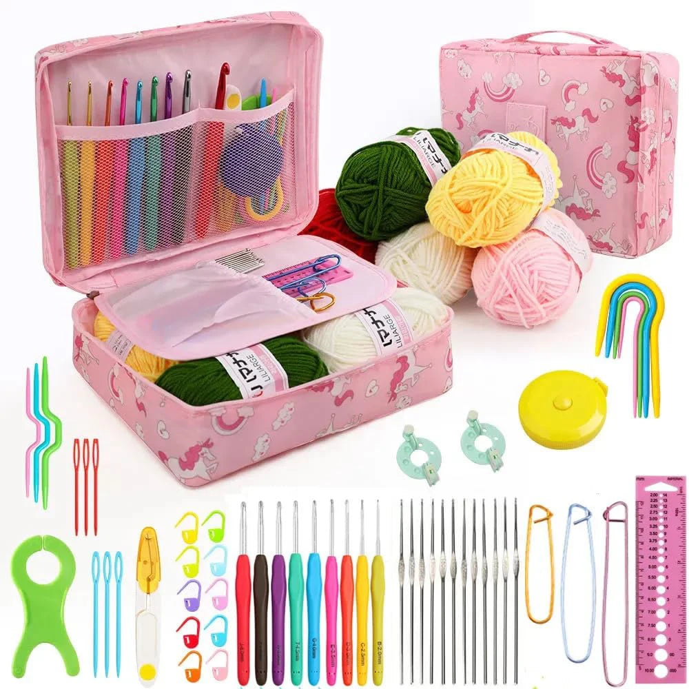 Ergonomic Crochet Hook Set & Beginner Kit — Yarn, Steel Needles & Weaving Supplies | 8 Types
