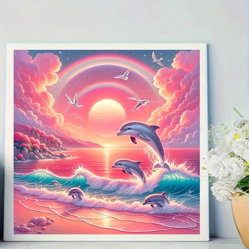Kit de pintura de diamantes, patrón de cielo rosa y delfín, arte de diamante completo de diamante redondo, varios tamaños a elegir, sin marco