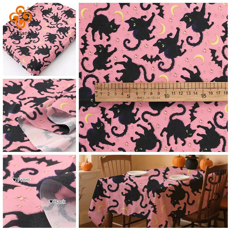 Halloween Bat & Black Cat Print Fabric — 100% Polyester | 0.5, 1 & 2 Meter Cuts