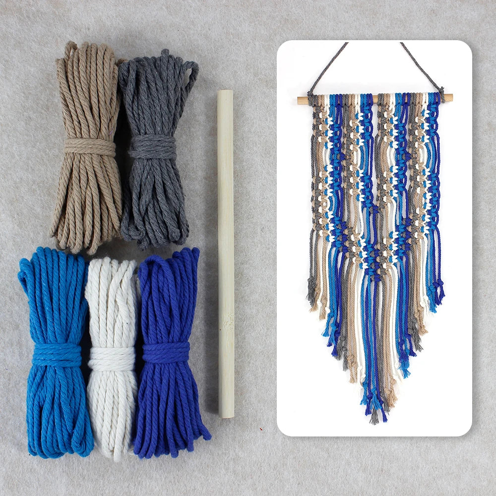 Colorful Macramé Wall Hanging Kit – DIY Beginner Craft, 5-Color Polyester Cord + Wood Dowel