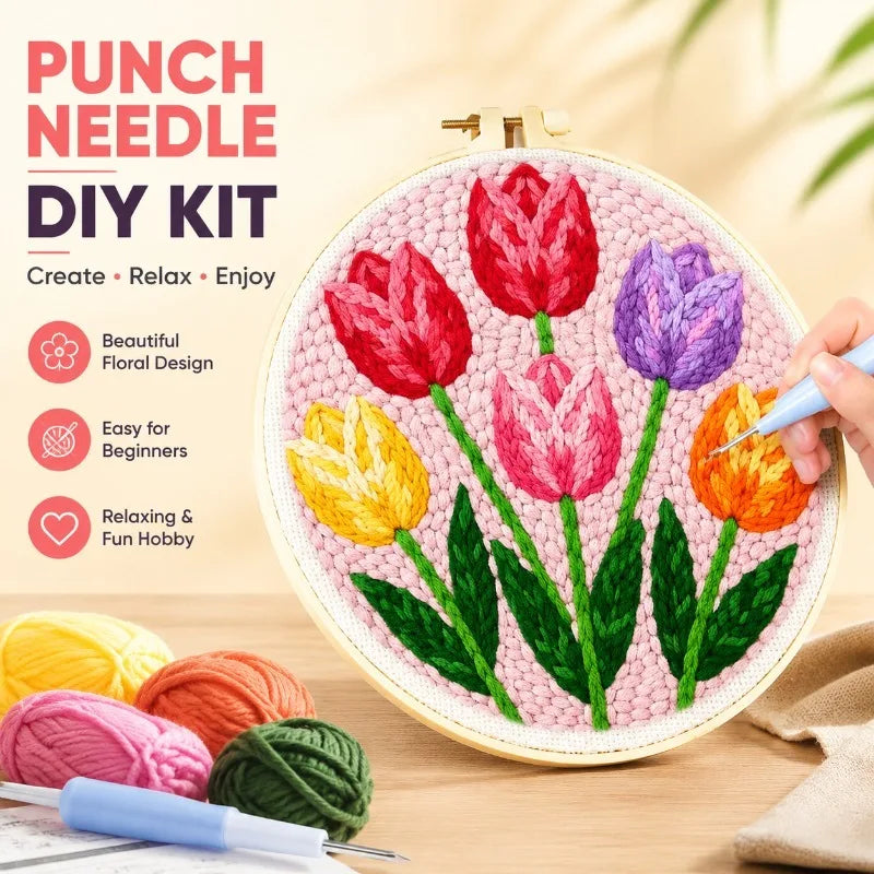 Kit DIY de aguja mágica para adultos principiantes con bastidor de bordado, patrón de flores, rosas, tulipanes, juego de manualidades de pintura con lana.