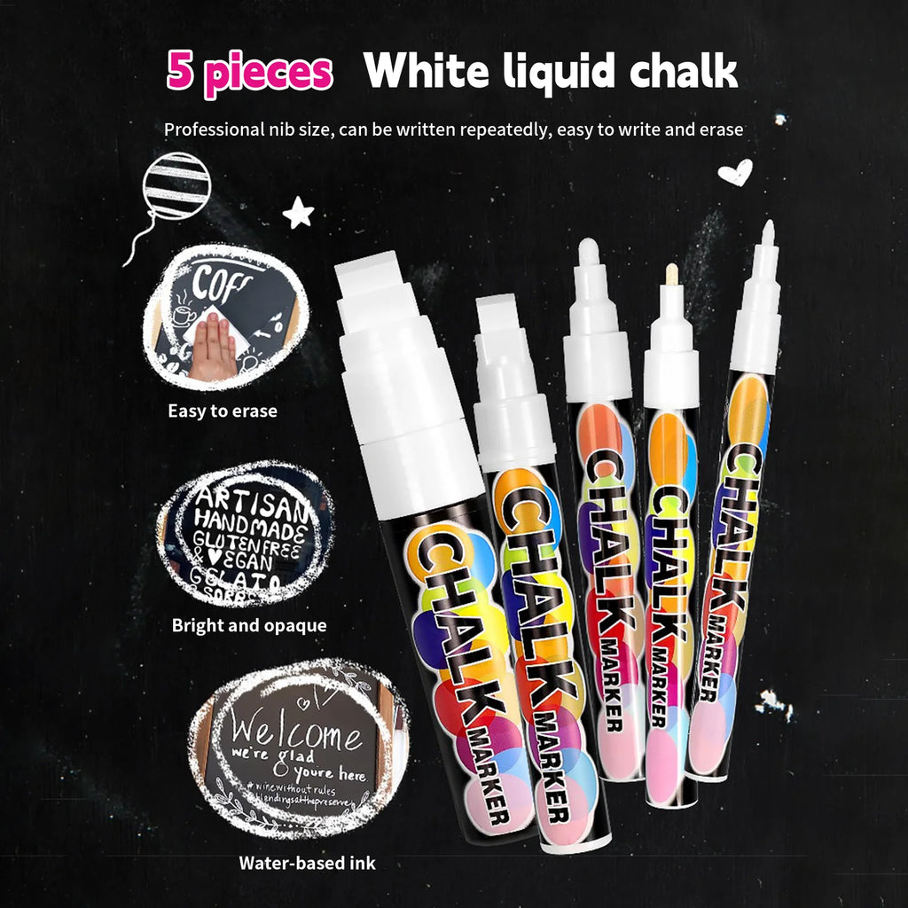 White Liquid Chalk Marker Pen — Erasable, Dust-Free, Water-Based