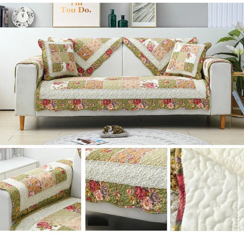 100% Cotton Quilted Sofa Cover – Anti-Slip Patchwork Floral Slipcover