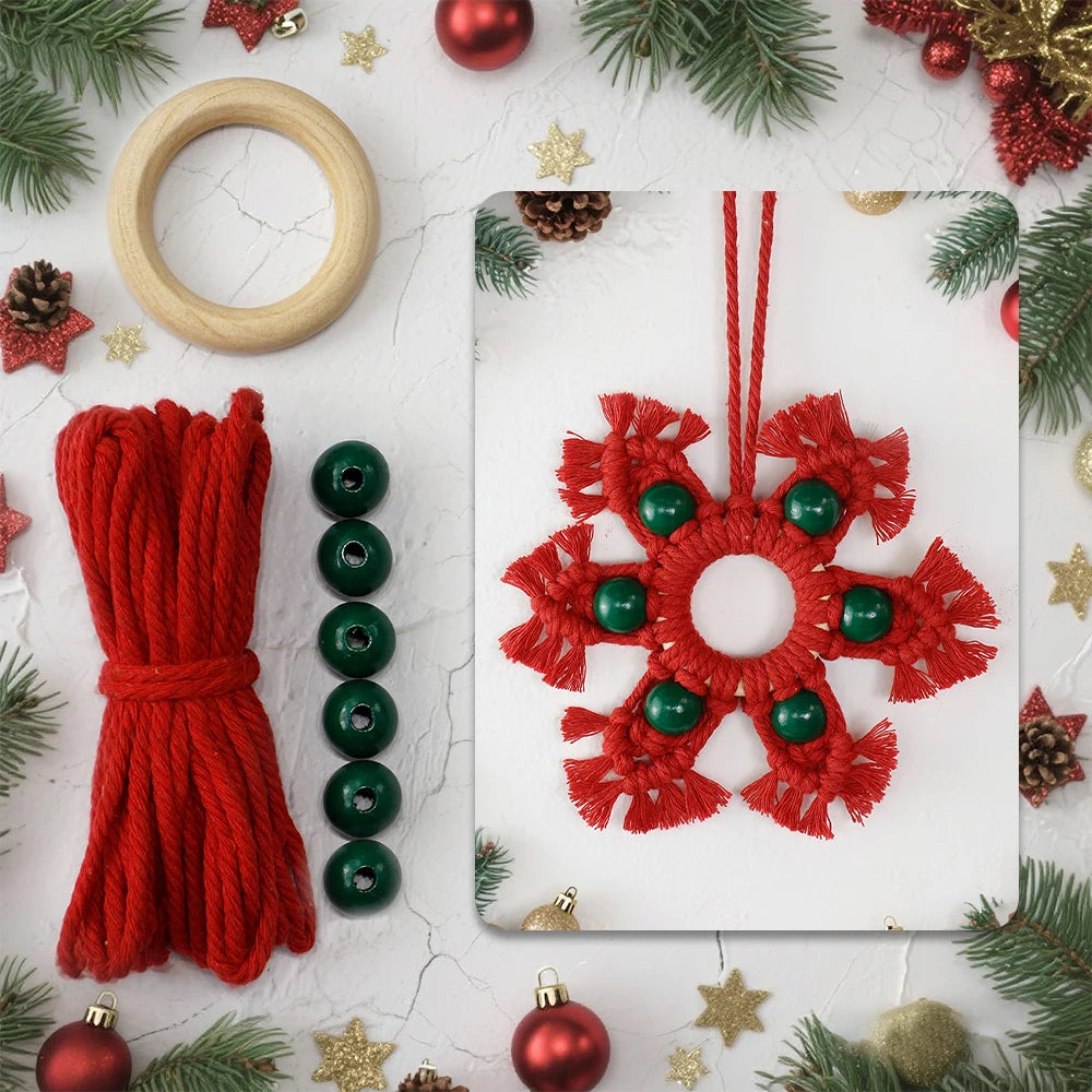 Kit de bricolaje de adorno de macramé de copo de nieve navideño — Colgante hecho a mano con tutorial | 3 colores