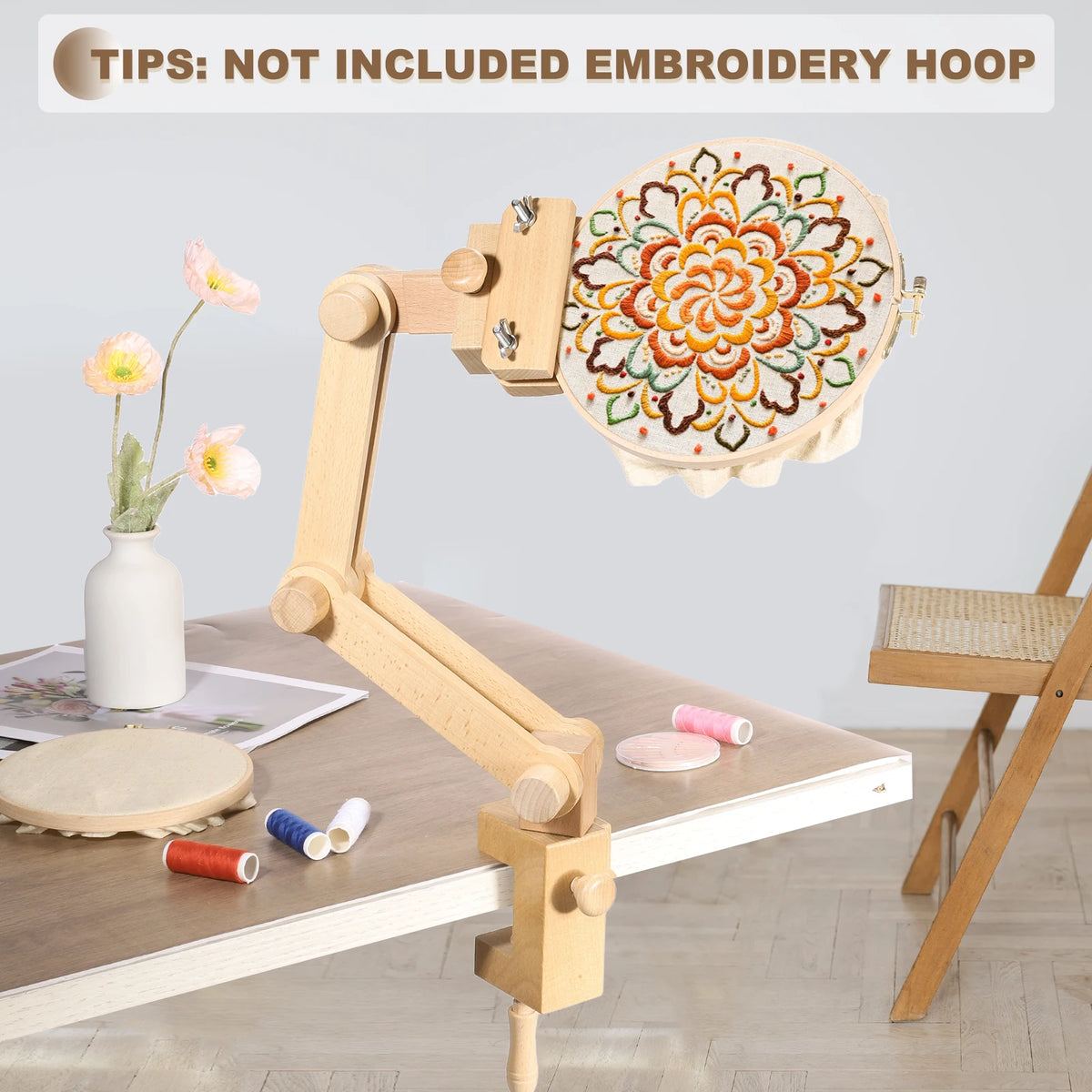 Soporte de Aro de Bordado Ajustable de Madera de Haya Soporte para Punto de Cruz Giratorio 360 Grados para Proyectos de Costura y Manualidades DIY