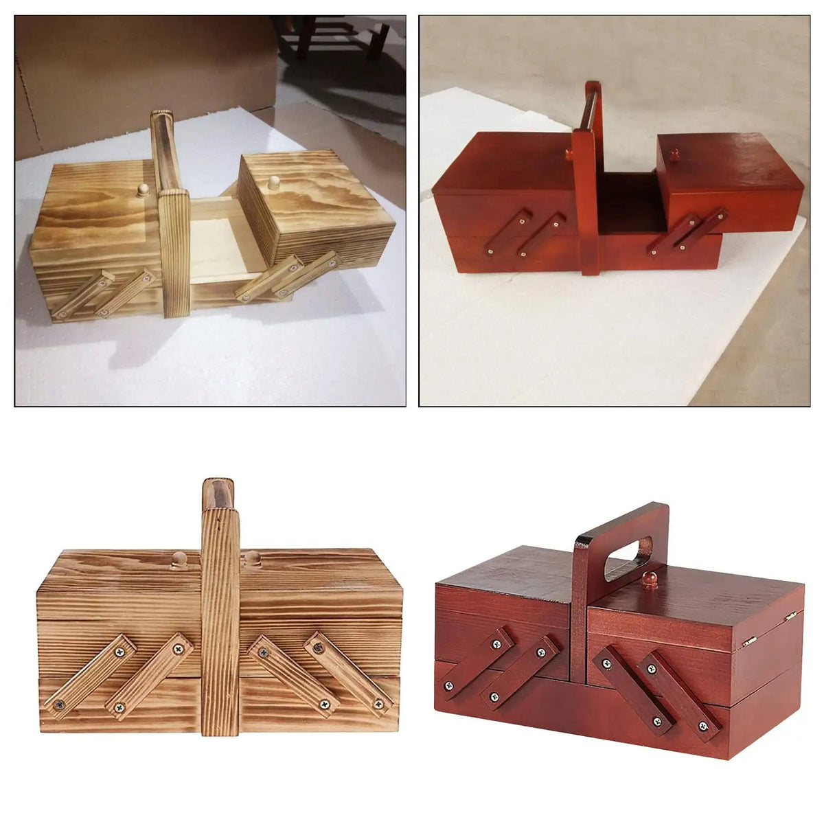 Costurero de Madera con 2 Niveles, 6 Compartimentos, Tapa y Asa