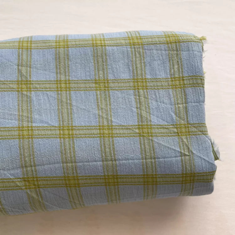Blue & Green Mixed Check Wrinkled 100% Cotton Fabric — 135cm Wide