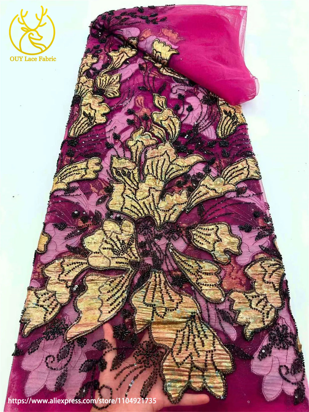 Tela de encaje bordado con cuentas de jacquard africano 2026, tul francés, tela de encaje con lentejuelas para vestido de novia de mujer, material de costura