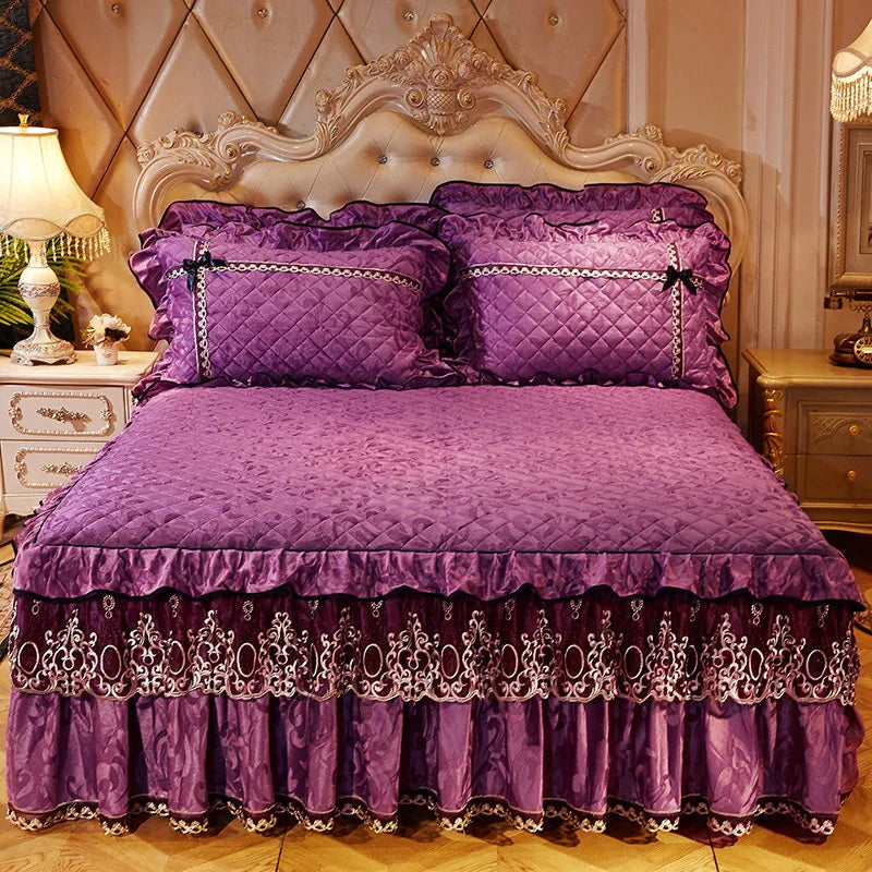 European Luxury Velvet Quilted Bedspread – Embossed Plush Bed Skirt | Queen & King Sizes