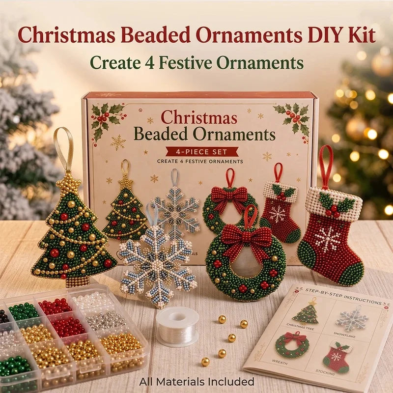 Christmas Beaded Ornaments DIY Kit, 4Pcs Handmade Beading Set, Xmas Tree, Snowflake, Wreath & Stocking, Holiday Craft Gift