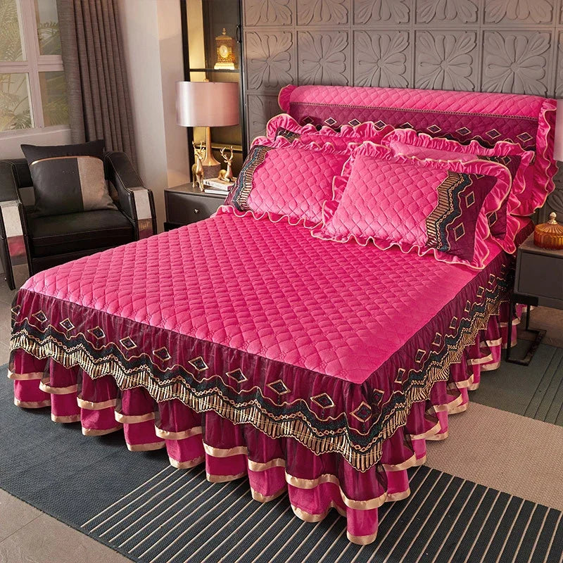 Luxury Crystal Velvet Quilted Bedspread – King & Queen Flannel Bed Skirt