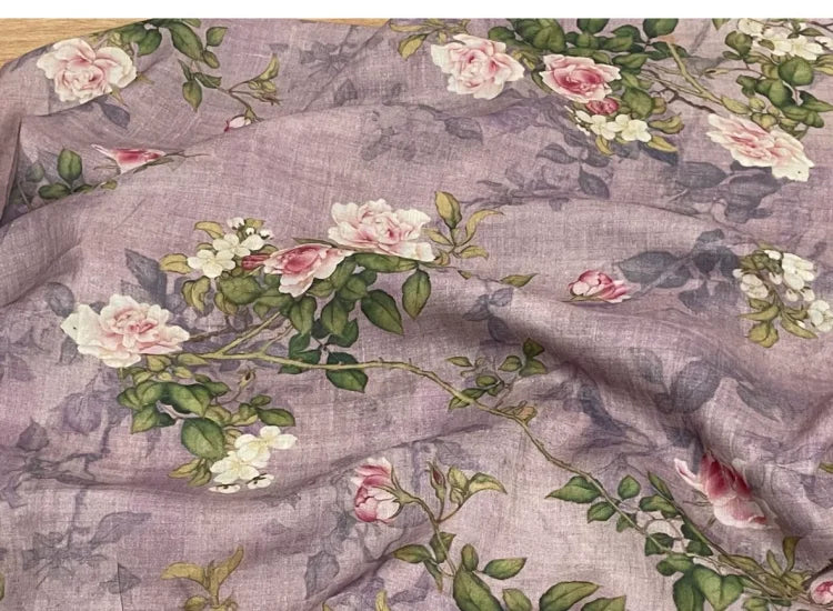 Purple Floral Print 100% Ramie Fabric | 138cm Wide | Summer Sewing & Quilting