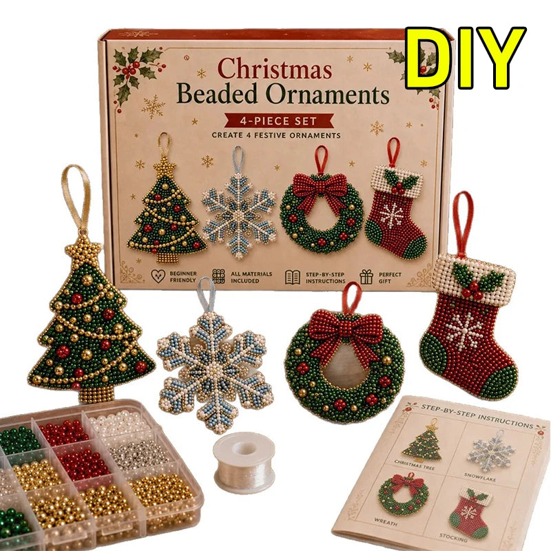 Kit de adornos de Navidad con cuentas — Juego de 4 piezas | Árbol, copo de nieve, corona y calcetín