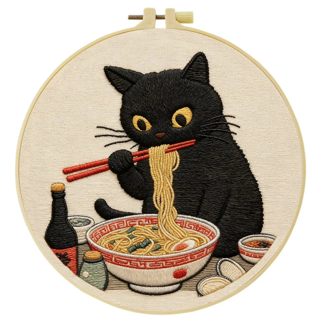 Kit de inicio de bordado Gatito comiendo fideos – Kit de bordado DIY para principiantes