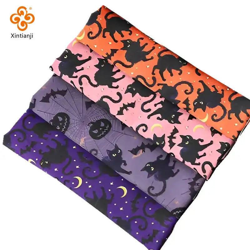 Halloween Bat & Black Cat Print Fabric — 100% Polyester | 0.5, 1 & 2 Meter Cuts