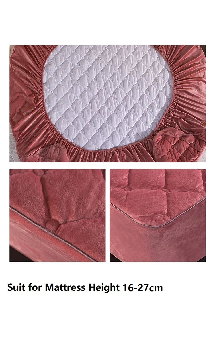 Plush Crystal Velvet Quilted Mattress Cover – Warm Thick Fitted Sheet, King & Queen