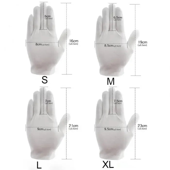 White Cotton Gloves – 12 Pairs, Washable & Stretchable, S/M/L/XL