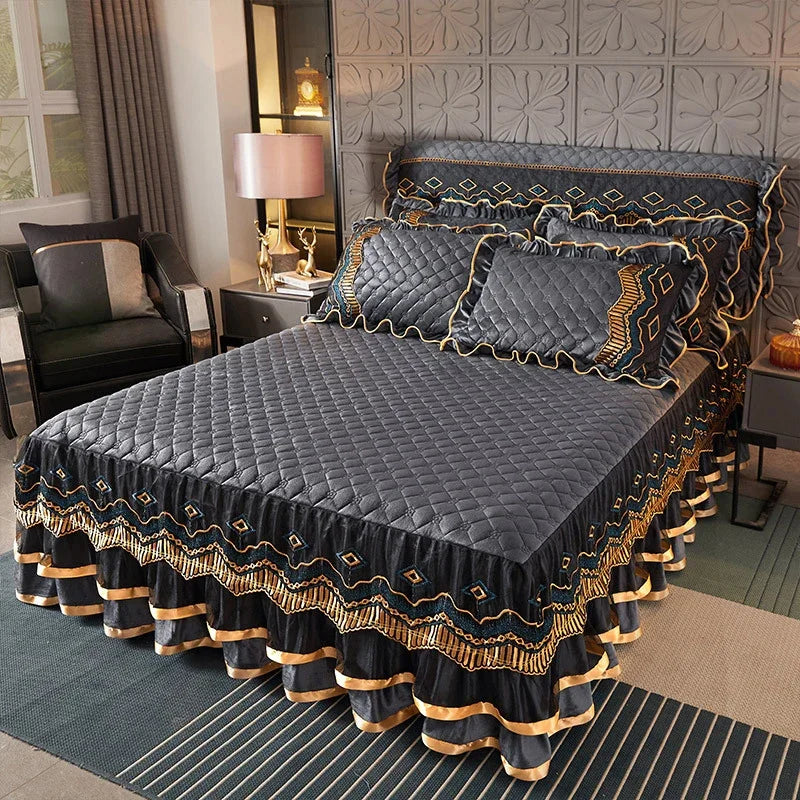 Luxury Crystal Velvet Quilted Bedspread – King & Queen Flannel Bed Skirt