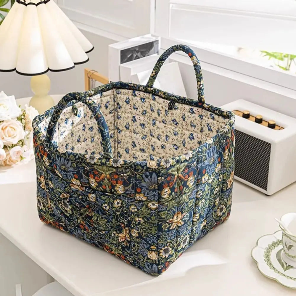 Floral Fabric Storage Basket – Collapsible Quilted Design with Handles, 33×27×26cm – For Laundry, Toys & Home Organization