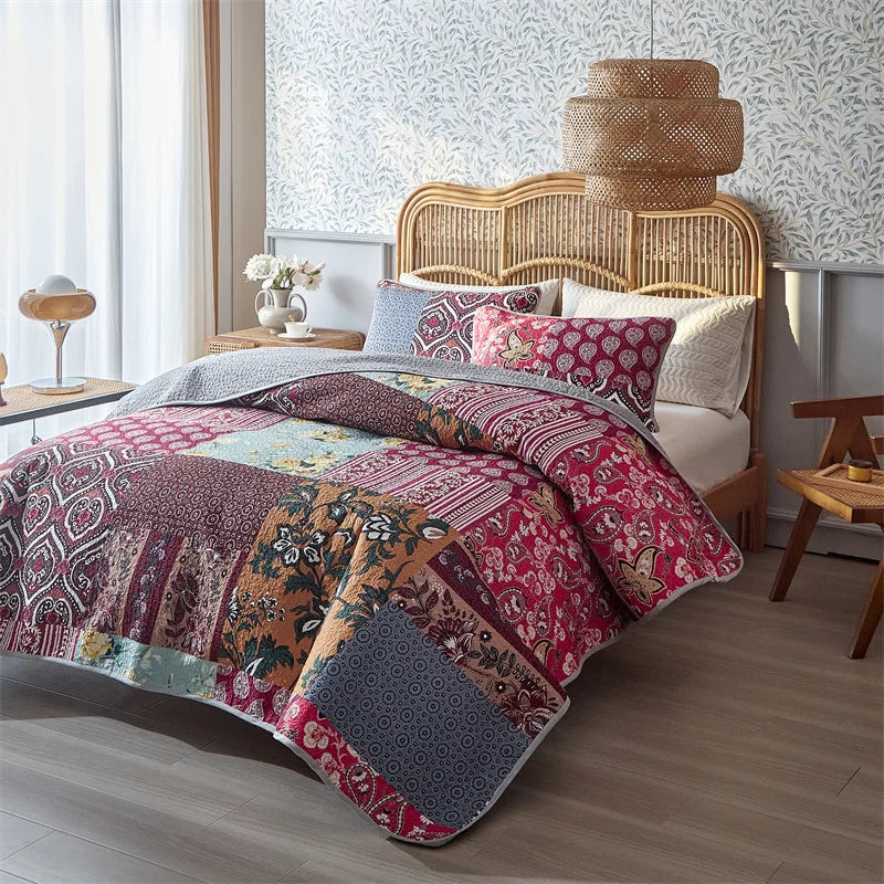 3-Piece Cotton Quilted Bedspread Set – Soft Pastoral Print | Bedsheet & 2 Pillowcases | 4 Sizes, 6 Colors