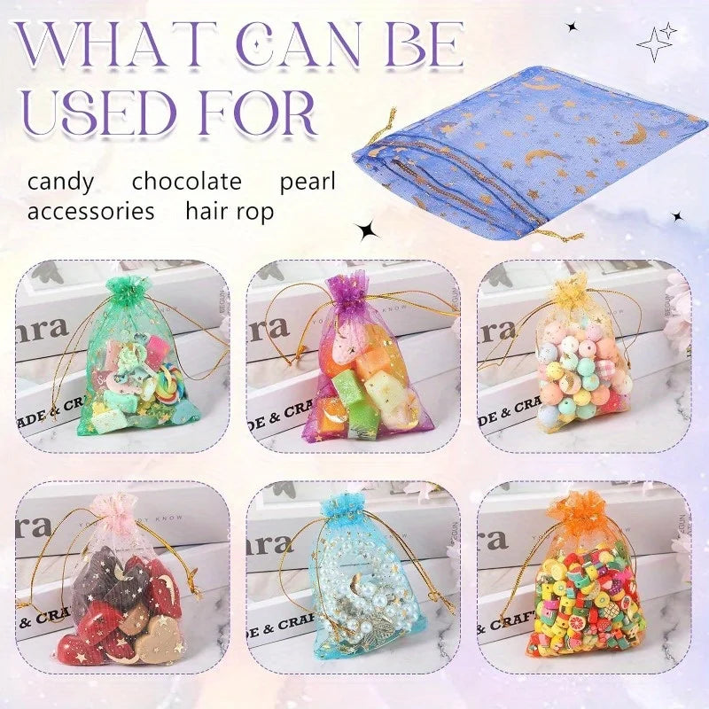 Bolsas de Regalo de Organza con Cordón de Luna y Estrellas – Paquete de 50 Bolsas de Recuerdos Multicolor | 4 Tamaños