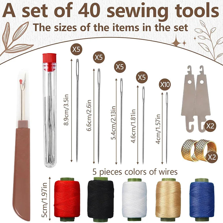 Kit de 40 Agujas de Coser e Hilos – Agujas de Ojo Grande con Dedal y Descosedor