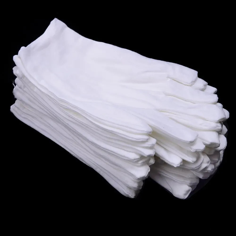 White Cotton Gloves – 12 Pairs, Washable & Stretchable, S/M/L/XL