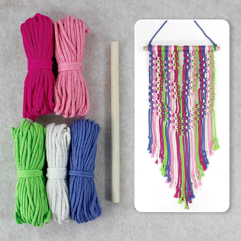 Colorful Macramé Wall Hanging Kit – DIY Beginner Craft, 5-Color Polyester Cord + Wood Dowel