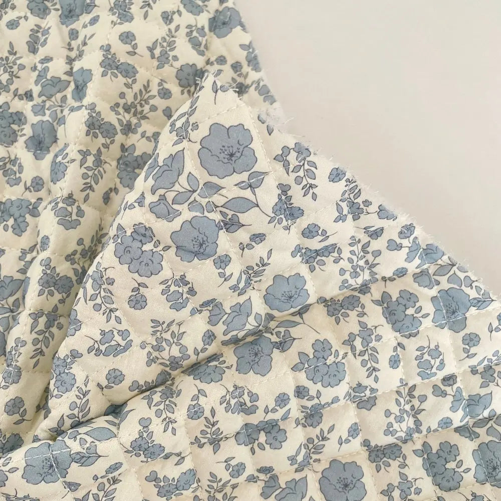 Forest Style Quilted Blue Floral Fabric – 53" Wide Soft Thick Outerwear Fabric, Sold by the Meter