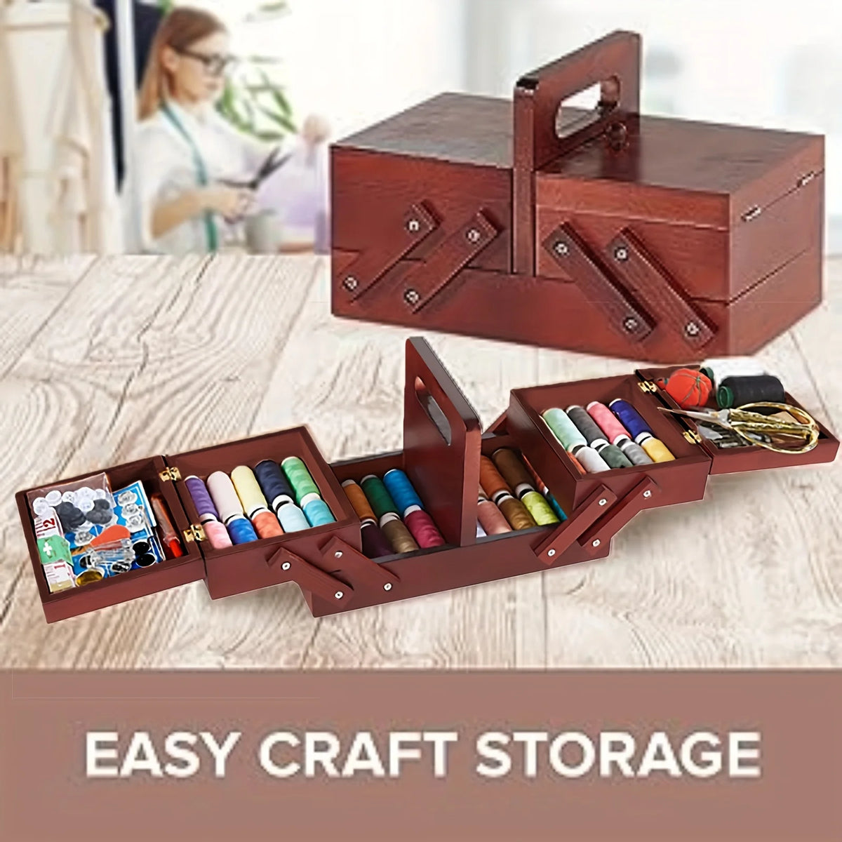 Wooden Expandable Sewing Box with Handle