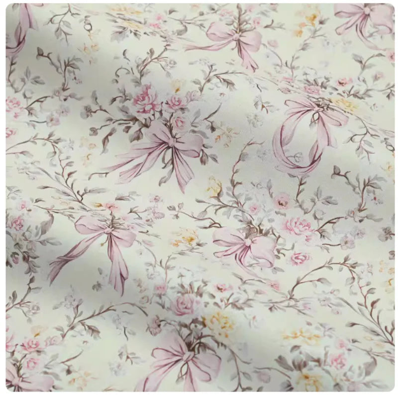 Bowknot & Flower Print 100% Cotton Fabric | 110cm Wide | Sold by the Half Yard