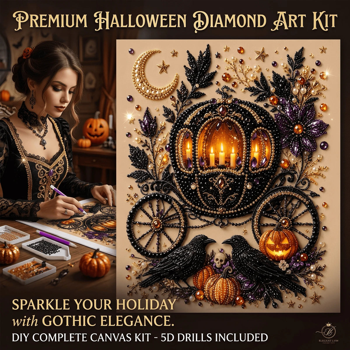 Halloween Diamond Art Kit – Pumpkin Design | 18x18cm (7.09"x7.09") Canvas