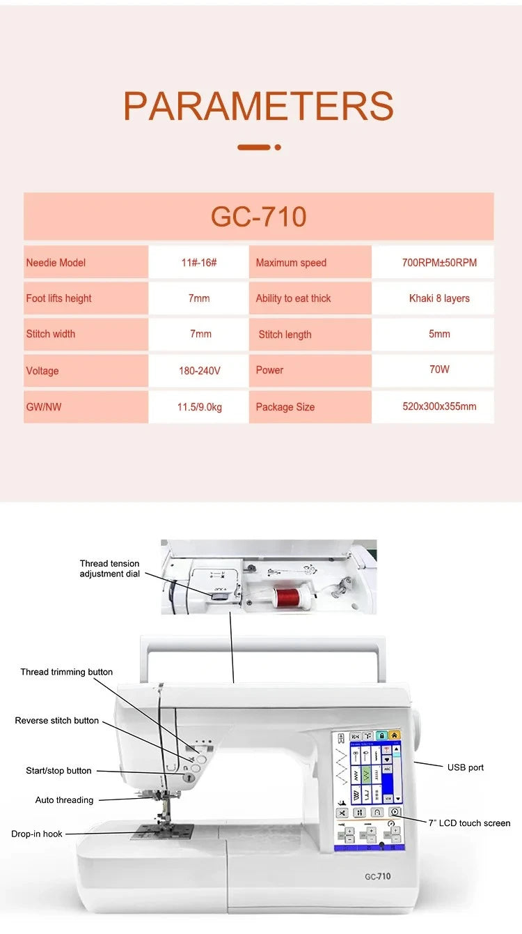 GC-710 Intelligent Large Touch Screen Household Sewing Machine – Automatic, Multifunctional