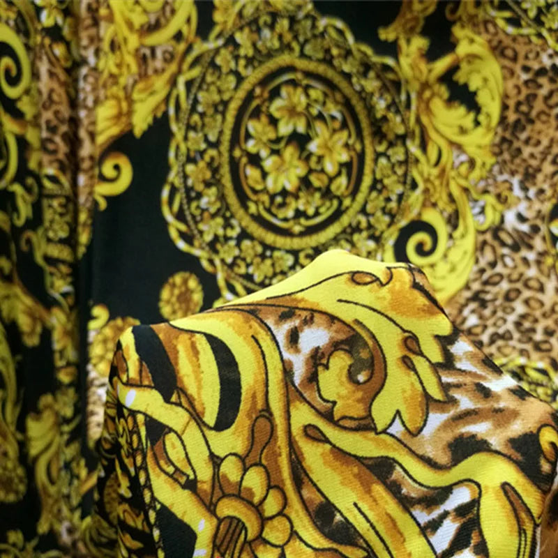 Yellow Leopard & African Flower Print Stretch Knit Fabric – 4-Way Elastic, 150 cm Wide