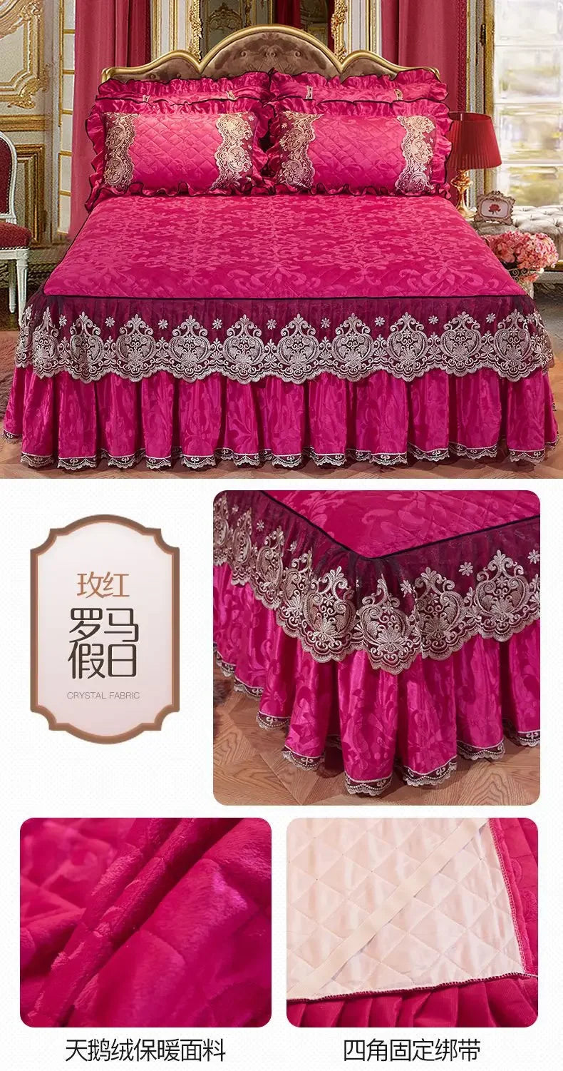 Lace Plush Quilted Bed Skirt – European Style Anti-Slip Mattress Cover | 45 cm Drop