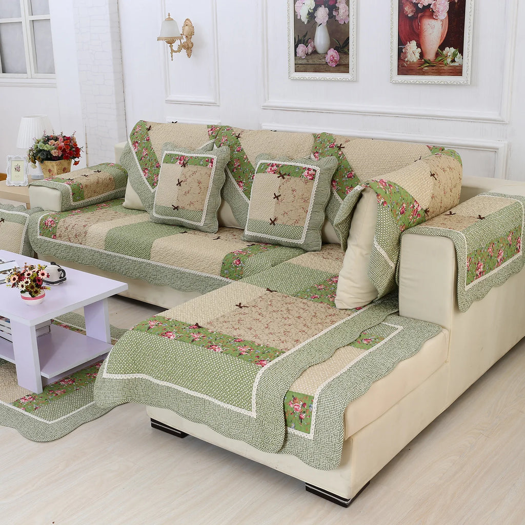 100% Cotton Quilted Sofa Cover – Anti-Slip Patchwork Floral Slipcover
