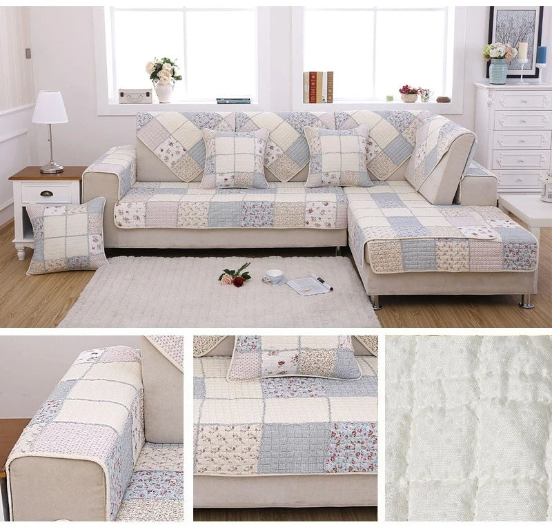100% Cotton Quilted Sofa Cover – Anti-Slip Patchwork Floral Slipcover