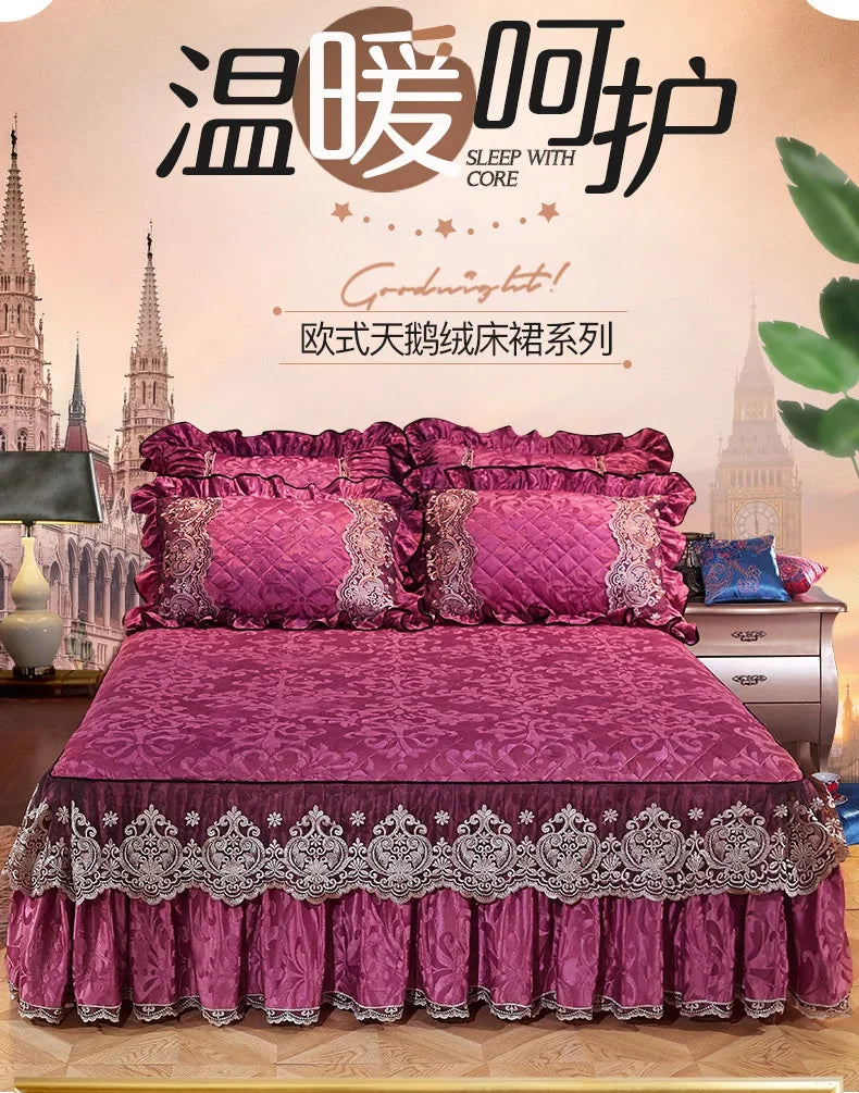 Lace Plush Quilted Bed Skirt – European Style Anti-Slip Mattress Cover | 45 cm Drop