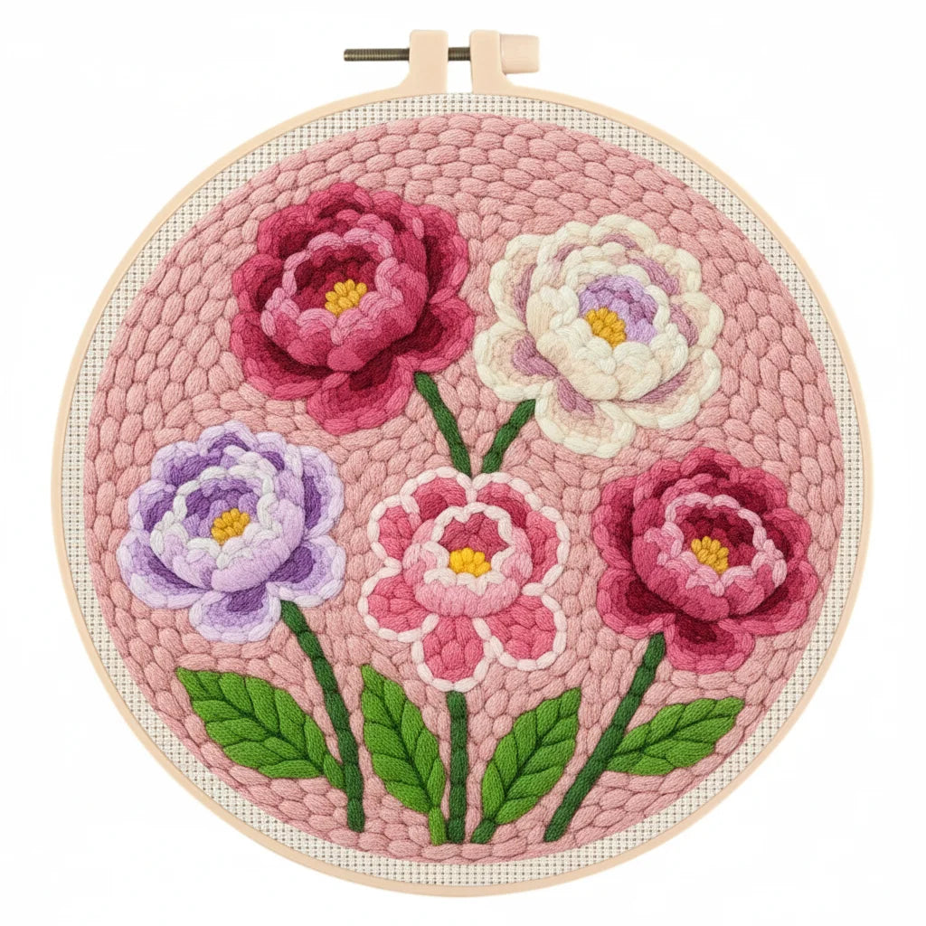 Kit DIY de aguja mágica para adultos principiantes con bastidor de bordado, patrón de flores, rosas, tulipanes, juego de manualidades de pintura con lana.