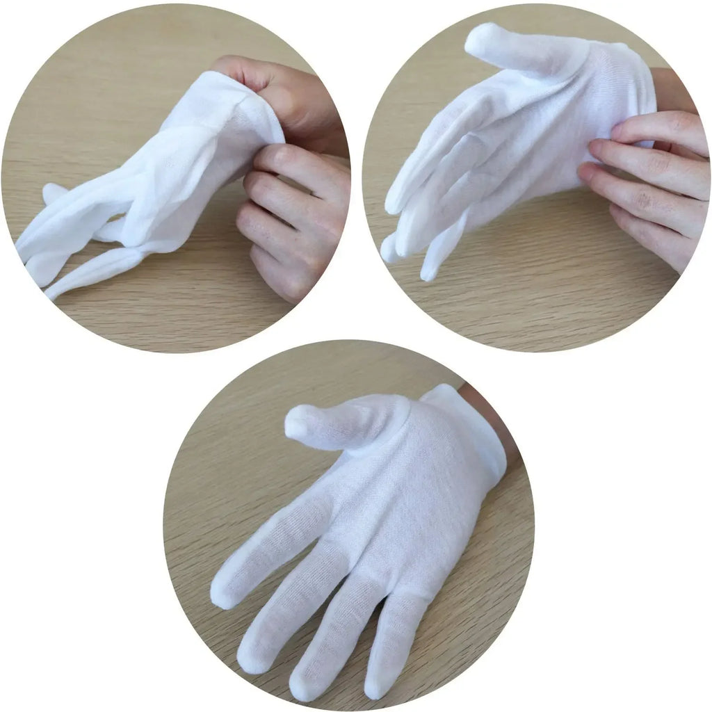 White Cotton Gloves – 12 Pairs, Washable & Stretchable, S/M/L/XL