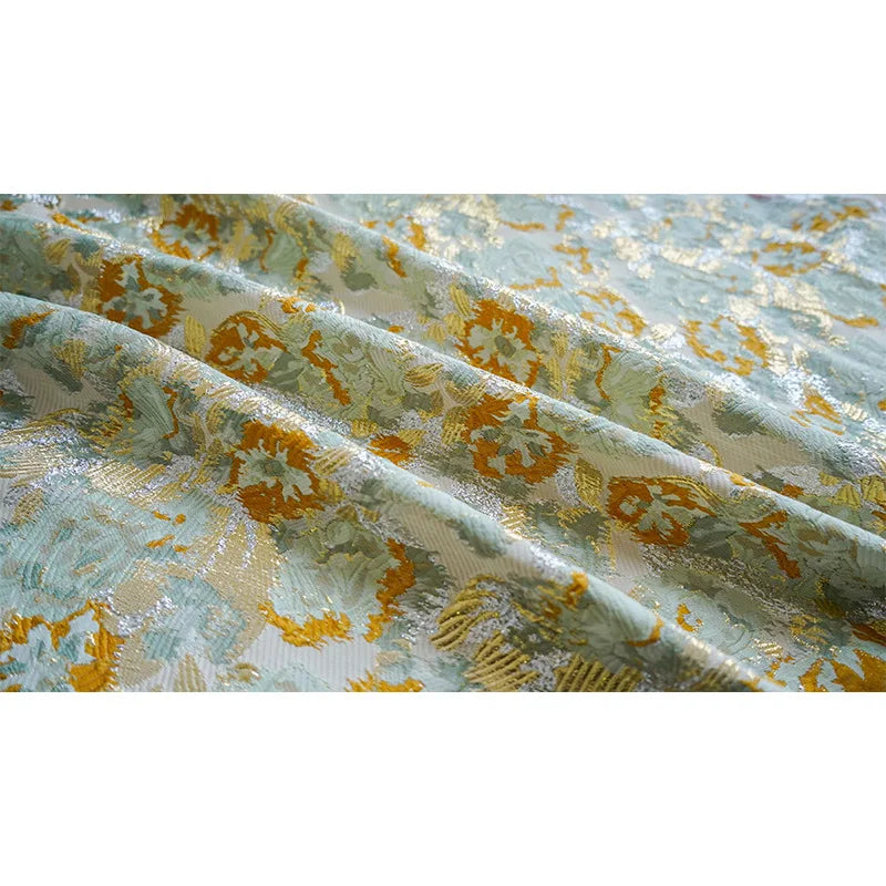 Retro Golden Floral Jacquard Fabric | Yarn-Dyed Silk-Look | 50×150cm