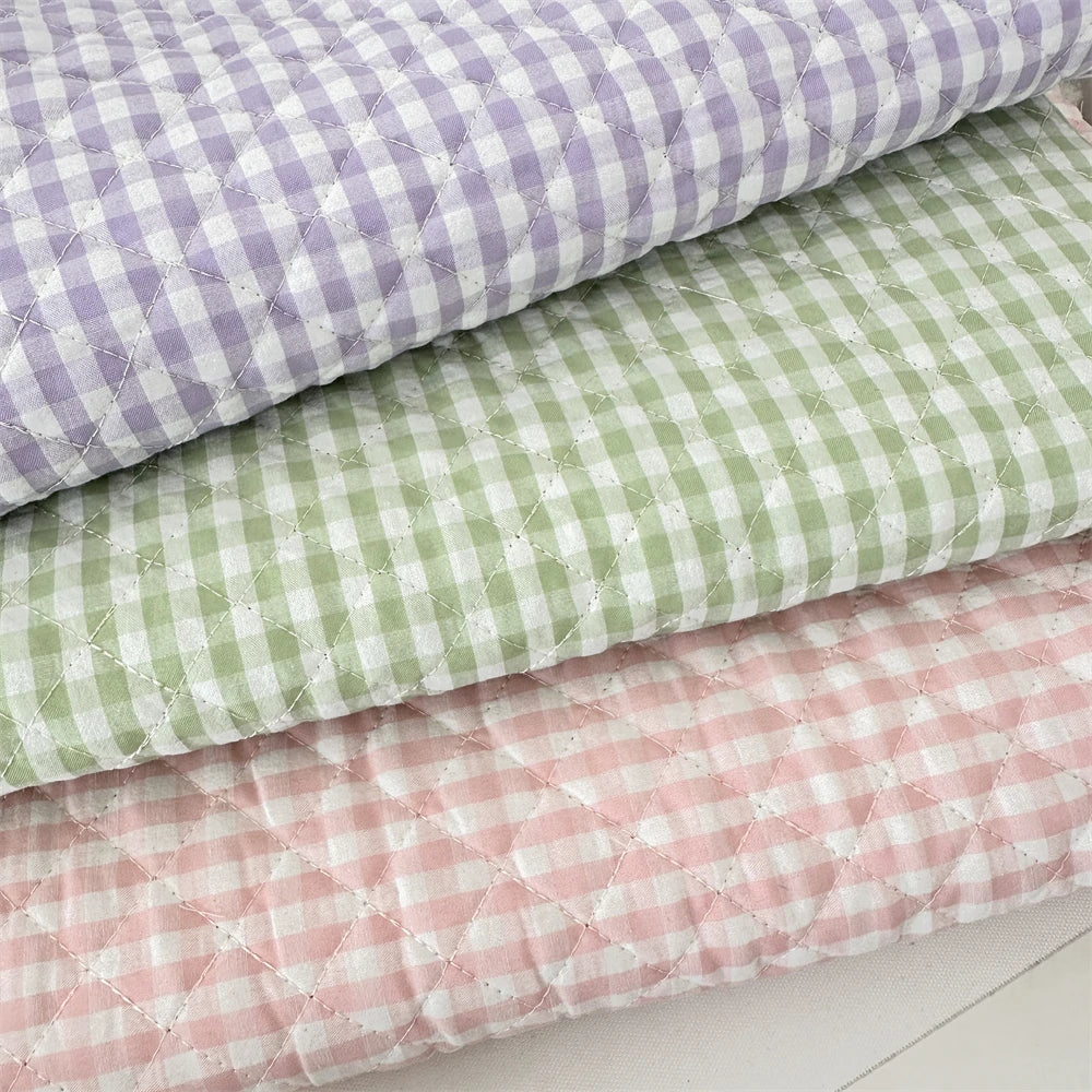 Quilted Cotton Padded Composite Fabric – 57" × 20" Color-Block Plaid Panel | Clothing Lining & Cushion Sewing
